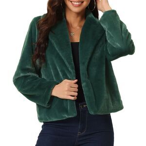 Women's Winter Cropped Jacket Notch Lapel Faux Fur Fluffy Coat Dark Green